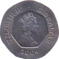 obverse of 20 Pence - Elizabeth II - Occupation - 3'rd Portrait (2004) coin with KM# 1048 from Gibraltar. Inscription: ELIZABETH II · GIBRALTAR 2004