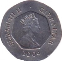 Gibraltar coin 20 Pence - Elizabeth II - Occupation - 3'rd Portrait (2004) obverse obverse of 20 Pence - Elizabeth II - Occupation - 3'rd Portrait (2004) coin with KM# 1048 from Gibraltar. Inscription: ELIZABETH II · GIBRALTAR 2004
