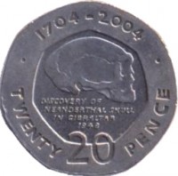 reverse of 20 Pence - Elizabeth II - Occupation - 3'rd Portrait (2004) coin with KM# 1048 from Gibraltar. Inscription: · 1704-2004 · DISCOVERY OF NEANDERTHAL SKULL IN GIBRALTAR 1848 TWENTY 20 PENCE