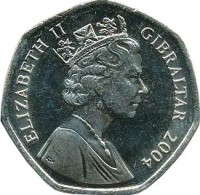 obverse of 50 Pence - Elizabeth II - Occupation - 3'rd Portrait (2004) coin with KM# 1050 from Gibraltar. Inscription: ELIZABETH II GIBRALTAR 2004