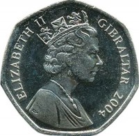 Gibraltar coin 50 Pence - Elizabeth II - Occupation - 3'rd Portrait (2004) obverse obverse of 50 Pence - Elizabeth II - Occupation - 3'rd Portrait (2004) coin with KM# 1050 from Gibraltar. Inscription: ELIZABETH II GIBRALTAR 2004