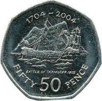 reverse of 50 Pence - Elizabeth II - Occupation - 3'rd Portrait (2004) coin with KM# 1050 from Gibraltar. Inscription: 1704-2004 BATTLE OF TRAFALGAR 1805 FIFTY 50 PENCE