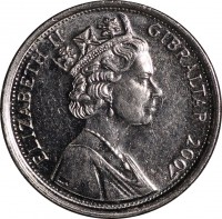 obverse of 5 Pence - Elizabeth II - Type 1; 3'rd Portrait (2005 - 2011) coin with KM# 1081 from Gibraltar. Inscription: ELIZABETH II GIBRALTAR 2007