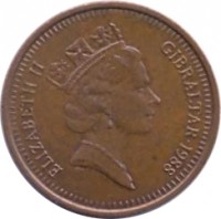 Gibraltar coin 1 Penny - Elizabeth II - 3'rd Portrait (1988 - 1995) obverse obverse of 1 Penny - Elizabeth II - 3'rd Portrait (1988 - 1995) coin with KM# 20 from Gibraltar. Inscription: ELIZABETH II GIBRALTAR · 1988
