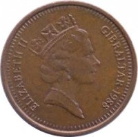 obverse of 1 Penny - Elizabeth II - 3'rd Portrait (1988 - 1995) coin with KM# 20 from Gibraltar. Inscription: ELIZABETH II GIBRALTAR · 1988