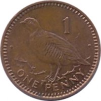 reverse of 1 Penny - Elizabeth II - 3'rd Portrait (1988 - 1995) coin with KM# 20 from Gibraltar. Inscription: 1 · ONE PENNY ·