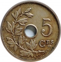 reverse of 5 Centimes - Leopold II - French text (1904 - 1907) coin with KM# 54 from Belgium. Inscription: 5 CES A. MICHAUX