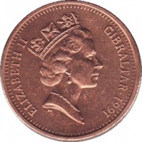 Gibraltar coin 2 Pence - Elizabeth II - 3'rd Portrait (1988 - 1995) obverse obverse of 2 Pence - Elizabeth II - 3'rd Portrait (1988 - 1995) coin with KM# 21 from Gibraltar. Inscription: ELIZABETH II GIBRALTAR · 1991