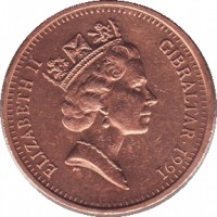 obverse of 2 Pence - Elizabeth II - 3'rd Portrait (1988 - 1995) coin with KM# 21 from Gibraltar. Inscription: ELIZABETH II GIBRALTAR · 1991