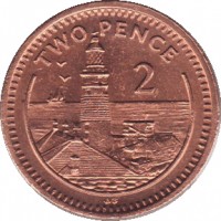 reverse of 2 Pence - Elizabeth II - 3'rd Portrait (1988 - 1995) coin with KM# 21 from Gibraltar. Inscription: TWO PENCE 2