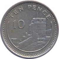 reverse of 10 Pence - Elizabeth II - Smaller; 3'rd Portrait (1994) coin with KM# 23.2 from Gibraltar. Inscription: TEN PENCE 10