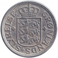 obverse of 25 Øre - Christian X (1926) coin with KM# 5 from Greenland. Inscription: GRØNLANDS STYRELSE