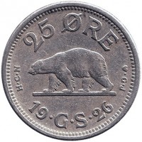 reverse of 25 Øre - Christian X (1926) coin with KM# 5 from Greenland. Inscription: 25 ØRE 19 · G · S · 26