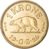 reverse of 1 Krone - Christian X (1926) coin with KM# 8 from Greenland. Inscription: 1 KRONE 19 · G · S · 26