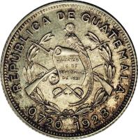 obverse of 10 Centavos (1925 - 1949) coin with KM# 239 from Guatemala. Inscription: .REPUBLICA DE GUATEMALA. 0.720 1938