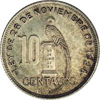 reverse of 10 Centavos (1925 - 1949) coin with KM# 239 from Guatemala. Inscription: .LEY DE 26 DE NOVIEMBRE DE 1924. 10 CENTAVOS