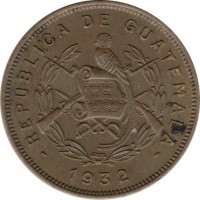 obverse of 2 Centavos (1932) coin with KM# 250 from Guatemala. Inscription: REPUBLICA DE GUATEMALA 1932