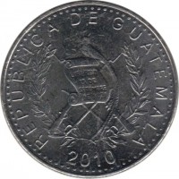 obverse of 10 Centavos - Magnetic (2009 - 2011) coin with KM# 277.6 from Guatemala. Inscription: REPUBLICA DE GUATEMALA 2010