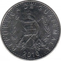 Guatemala coin 10 Centavos - Magnetic (2009 - 2011) obverse obverse of 10 Centavos - Magnetic (2009 - 2011) coin with KM# 277.6 from Guatemala. Inscription: REPUBLICA DE GUATEMALA 2010