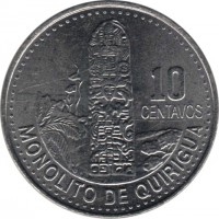 Guatemala coin 10 Centavos - Magnetic (2009 - 2011) reverse reverse of 10 Centavos - Magnetic (2009 - 2011) coin with KM# 277.6 from Guatemala. Inscription: 10 CENTAVOS MONOLITO DE QUIRIGUA