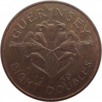 reverse of 8 Doubles - Elizabeth II (1956 - 1966) coin with KM# 16 from Guernsey. Inscription: GUERNSEY 19 59 EIGHT DOUBLES