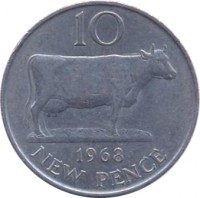 reverse of 10 New Pence - Elizabeth II (1968 - 1971) coin with KM# 24 from Guernsey. Inscription: 10 1968 NEW PENCE