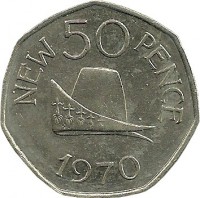 Guernsey coin 50 New Pence - Elizabeth II (1969 - 1971) reverse reverse of 50 New Pence - Elizabeth II (1969 - 1971) coin with KM# 25 from Guernsey. Inscription: NEW 50 PENCE 1970