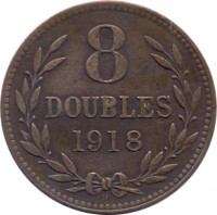 reverse of 8 Doubles - George V / George VI (1914 - 1949) coin with KM# 14 from Guernsey. Inscription: 8 DOUBLES 1918 H