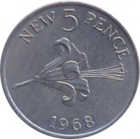 reverse of 5 New Pence - Elizabeth II (1968 - 1971) coin with KM# 23 from Guernsey. Inscription: NEW 5 PENCE 1968