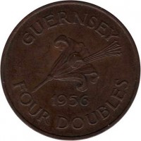 Guernsey coin 4 Doubles - Elizabeth II (1956 - 1966) reverse reverse of 4 Doubles - Elizabeth II (1956 - 1966) coin with KM# 15 from Guernsey. Inscription: GUERNSEY 1956 FOUR DOUBLES