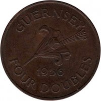 reverse of 4 Doubles - Elizabeth II (1956 - 1966) coin with KM# 15 from Guernsey. Inscription: GUERNSEY 1956 FOUR DOUBLES