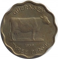 reverse of 3 Pence - Elizabeth II - Thicker (1959 - 1966) coin with KM# 18 from Guernsey. Inscription: GUERNSEY 1959 THREE PENCE