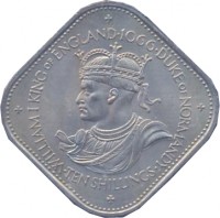 Guernsey coin 10 Shillings - Elizabeth II - William I - 2'nd Portrait (1966) reverse reverse of 10 Shillings - Elizabeth II - William I - 2'nd Portrait (1966) coin with KM# 19 from Guernsey. Inscription: WILLIAM I KING of ENGLAND · 1066 · DUKE of NORMANDY · TEN SHILLINGS ·