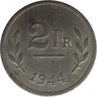 Belgium coin 2 Francs (1944) reverse reverse of 2 Francs (1944) coin with KM# 133 from Belgium. Inscription: 2FR 1944