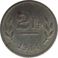 reverse of 2 Francs (1944) coin with KM# 133 from Belgium. Inscription: 2FR 1944