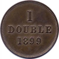 Guernsey coin 1 Double - William IV / Victoria / Edward VII / George V (1830 - 1911) reverse reverse of 1 Double - William IV / Victoria / Edward VII / George V (1830 - 1911) coin with KM# 10 from Guernsey. Inscription: 1 DOUBLE 1899 H