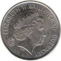obverse of 10 Pence - Elizabeth II - 4'th Portrait (2003 - 2006) coin with KM# 149 from Guernsey. Inscription: ELIZABETH II BAILIWICK OF GUERNSEY IRB