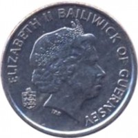 obverse of 5 Pence - Elizabeth II - 4'th Portrait (1999 - 2010) coin with KM# 97 from Guernsey. Inscription: ELIZABETH II BAILIWICK OF GUERNSEY