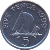 reverse of 5 Pence - Elizabeth II - 4'th Portrait (1999 - 2010) coin with KM# 97 from Guernsey. Inscription: FIVE PENCE 1999 5