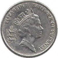 Guernsey coin 5 Pence - Elizabeth II - Larger; 3'rd Portrait (1985 - 1990) obverse obverse of 5 Pence - Elizabeth II - Larger; 3'rd Portrait (1985 - 1990) coin with KM# 42.1 from Guernsey. Inscription: ELIZABETH II BAILIWICK OF GUERNSEY
