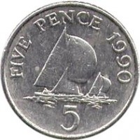 reverse of 5 Pence - Elizabeth II - Larger; 3'rd Portrait (1985 - 1990) coin with KM# 42.1 from Guernsey. Inscription: FIVE PENCE 1990 5