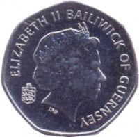 obverse of 20 Pence - Elizabeth II - 4'th Portrait (1999 - 2012) coin with KM# 90 from Guernsey. Inscription: ELIZABETH II BAILIWICK OF GUERNSEY IRB