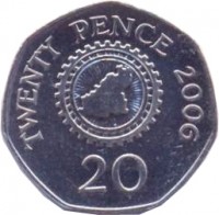 reverse of 20 Pence - Elizabeth II - 4'th Portrait (1999 - 2012) coin with KM# 90 from Guernsey. Inscription: TWENTY PENCE 2006 20