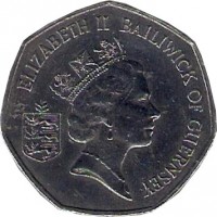 obverse of 50 Pence - Elizabeth II - Larger; 3'rd Portrait (1985 - 1997) coin with KM# 45.1 from Guernsey. Inscription: ELIZABETH II BAILIWICK OF GUERNSEY