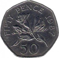 Guernsey coin 50 Pence - Elizabeth II - Larger; 3'rd Portrait (1985 - 1997) reverse reverse of 50 Pence - Elizabeth II - Larger; 3'rd Portrait (1985 - 1997) coin with KM# 45.1 from Guernsey. Inscription: FIFTY PENCE 1987 50