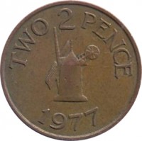 reverse of 2 Pence - Elizabeth II (1977 - 1981) coin with KM# 28 from Guernsey. Inscription: TWO 2 PENCE 1977