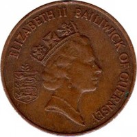 obverse of 2 Pence - Elizabeth II - 3'rd Portrait (1985 - 1990) coin with KM# 41 from Guernsey. Inscription: ELIZABETH II BAILIWICK OF GUERNSEY