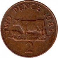 Guernsey coin 2 Pence - Elizabeth II - 3'rd Portrait (1985 - 1990) reverse reverse of 2 Pence - Elizabeth II - 3'rd Portrait (1985 - 1990) coin with KM# 41 from Guernsey. Inscription: TWO PENCE 1985 2