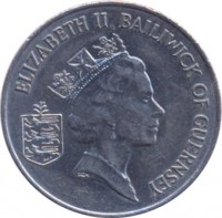 obverse of 10 Pence - Elizabeth II - Larger; 3'rd Portrait (1985 - 1990) coin with KM# 43.1 from Guernsey. Inscription: ELIZABETH II BAILIWICK OF GUERNSEY