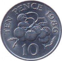 Guernsey coin 10 Pence - Elizabeth II - Larger; 3'rd Portrait (1985 - 1990) reverse reverse of 10 Pence - Elizabeth II - Larger; 3'rd Portrait (1985 - 1990) coin with KM# 43.1 from Guernsey. Inscription: TEN PENCE 1986 10